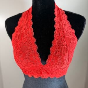 Intimately Free People Bralette Medium Red Lace Plunge Halter Longline‎ Stretch